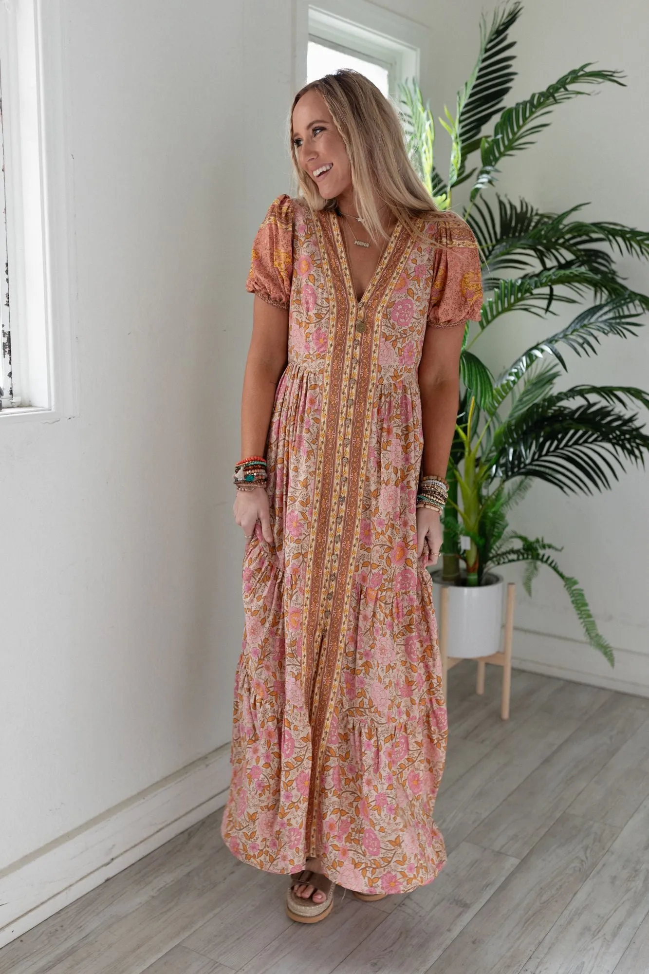 Rustic Rose Border Print Maxi Dress - Rose