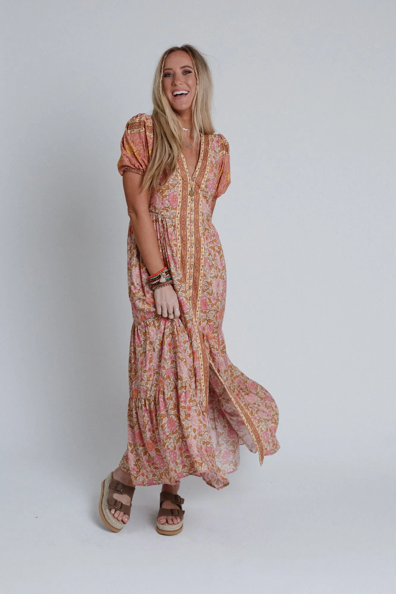 Rustic Rose Border Print Maxi Dress - Rose