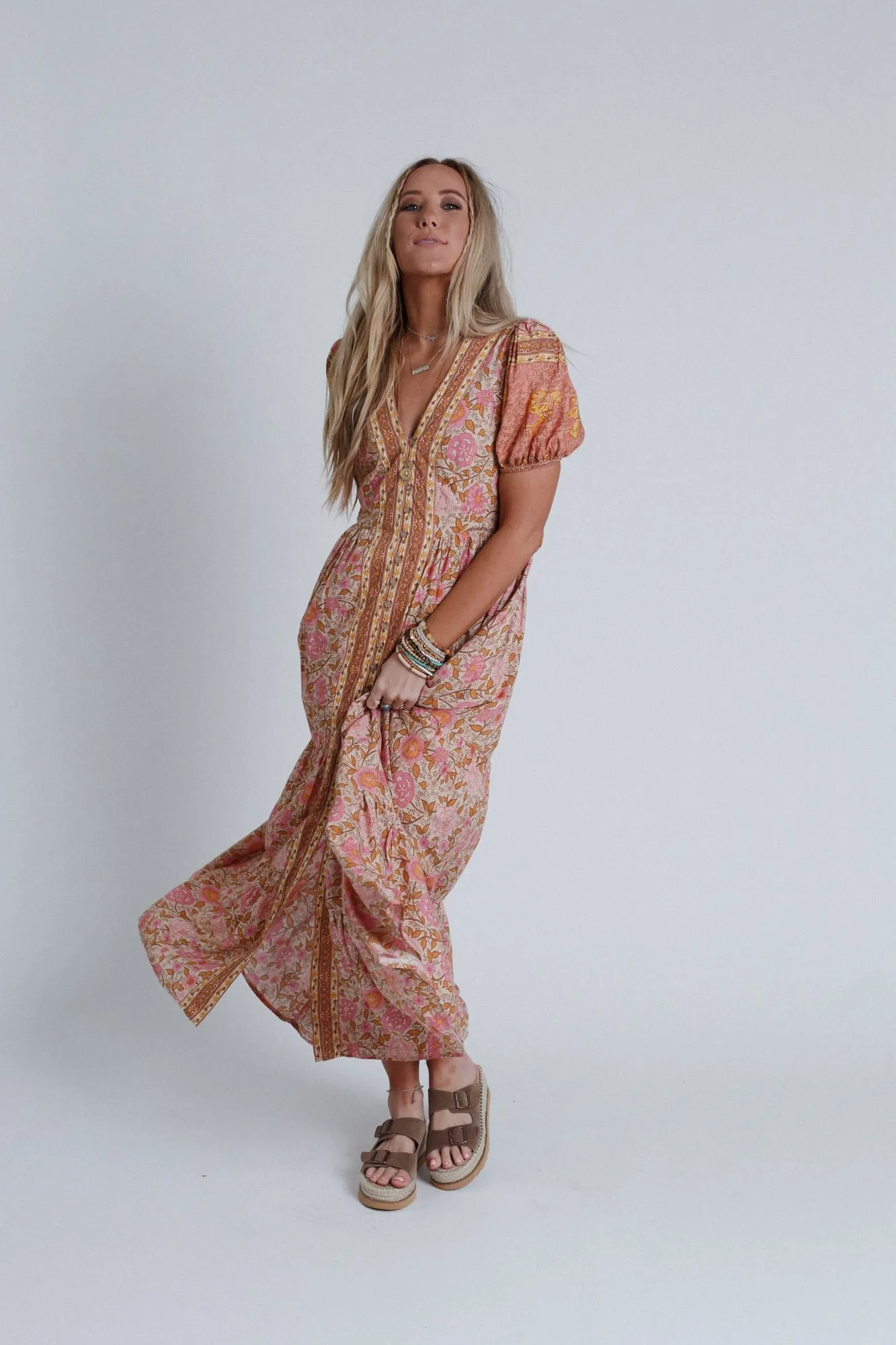 Rustic Rose Border Print Maxi Dress - Rose