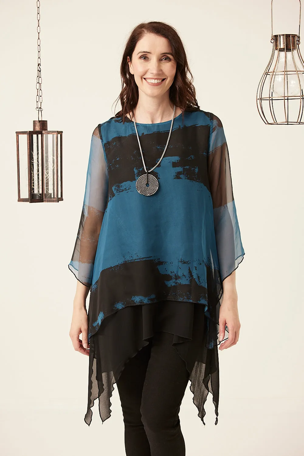 Saloos Split Back Chiffon Layered Tunic with Necklace