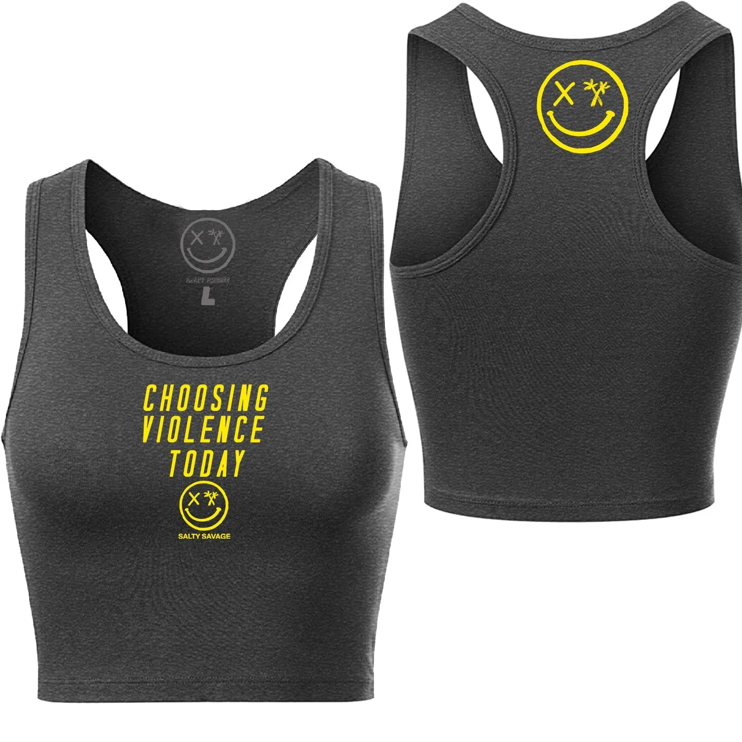 Salty Savage Ladies "CHOOSING VIOLENCE" Cropped Racerback Tank | Micro | Charcoal/Yellow