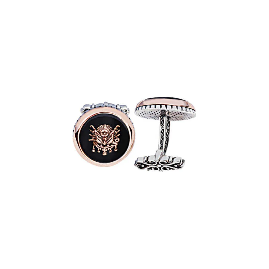 Silver Onyx Stone Ottoman Coat of Arms Round Model Cufflink