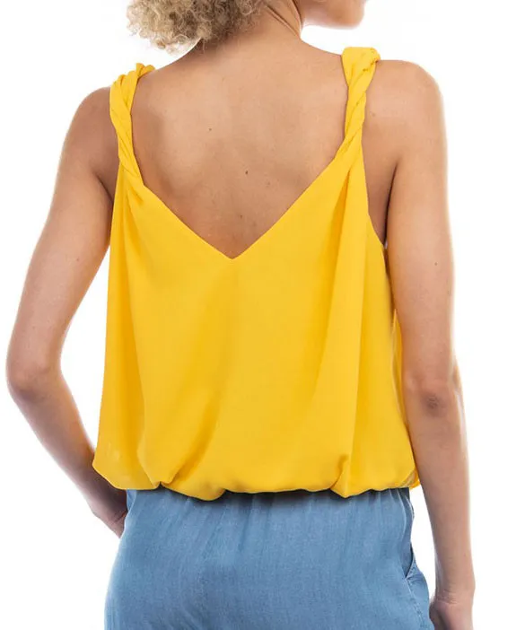 Sleeveless Bubble Top with Twisted Shoulder Detail - Sunflower