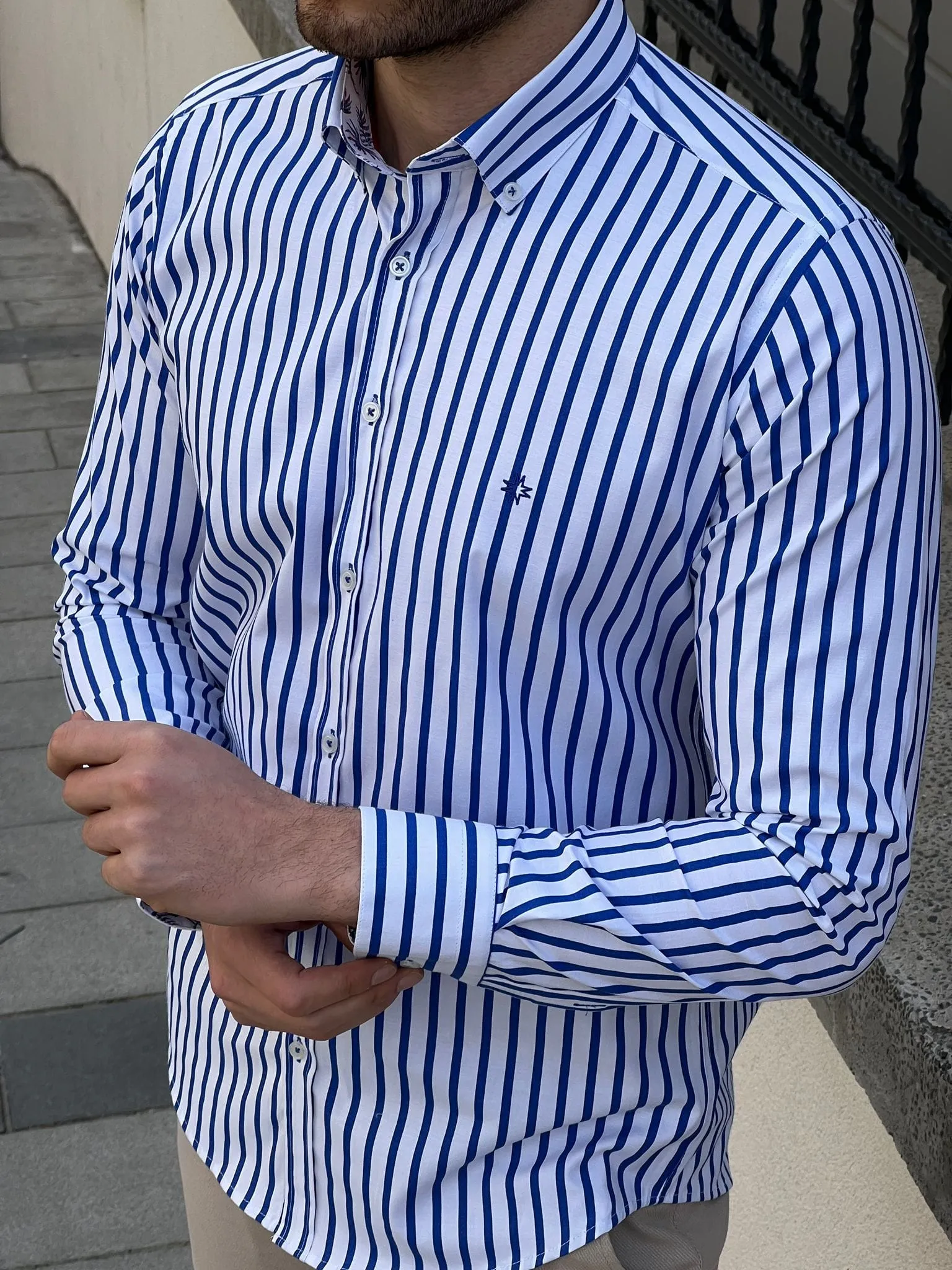 Slim Fit Striped Cotton White & Sax Shirt