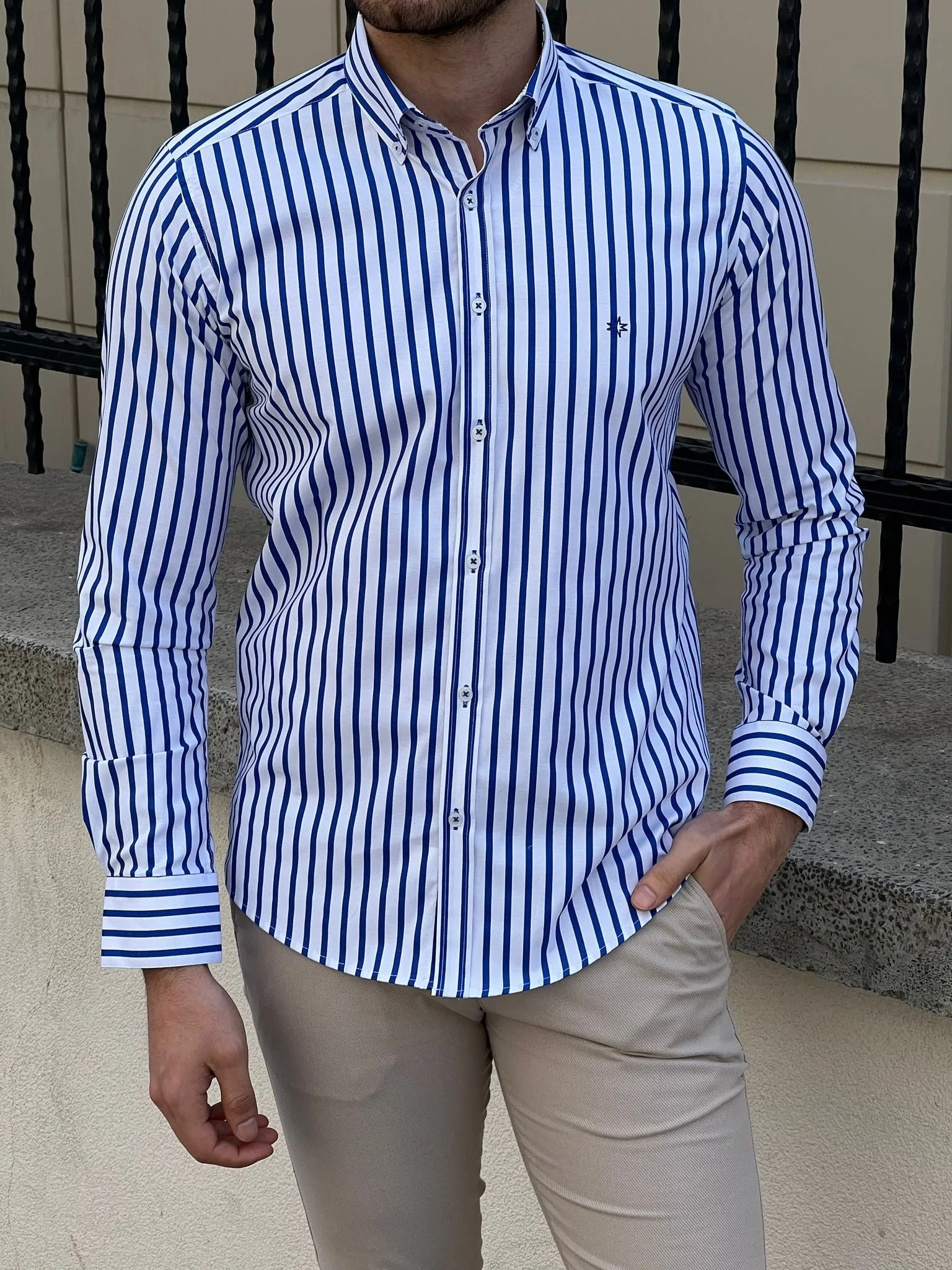 Slim Fit Striped Cotton White & Sax Shirt