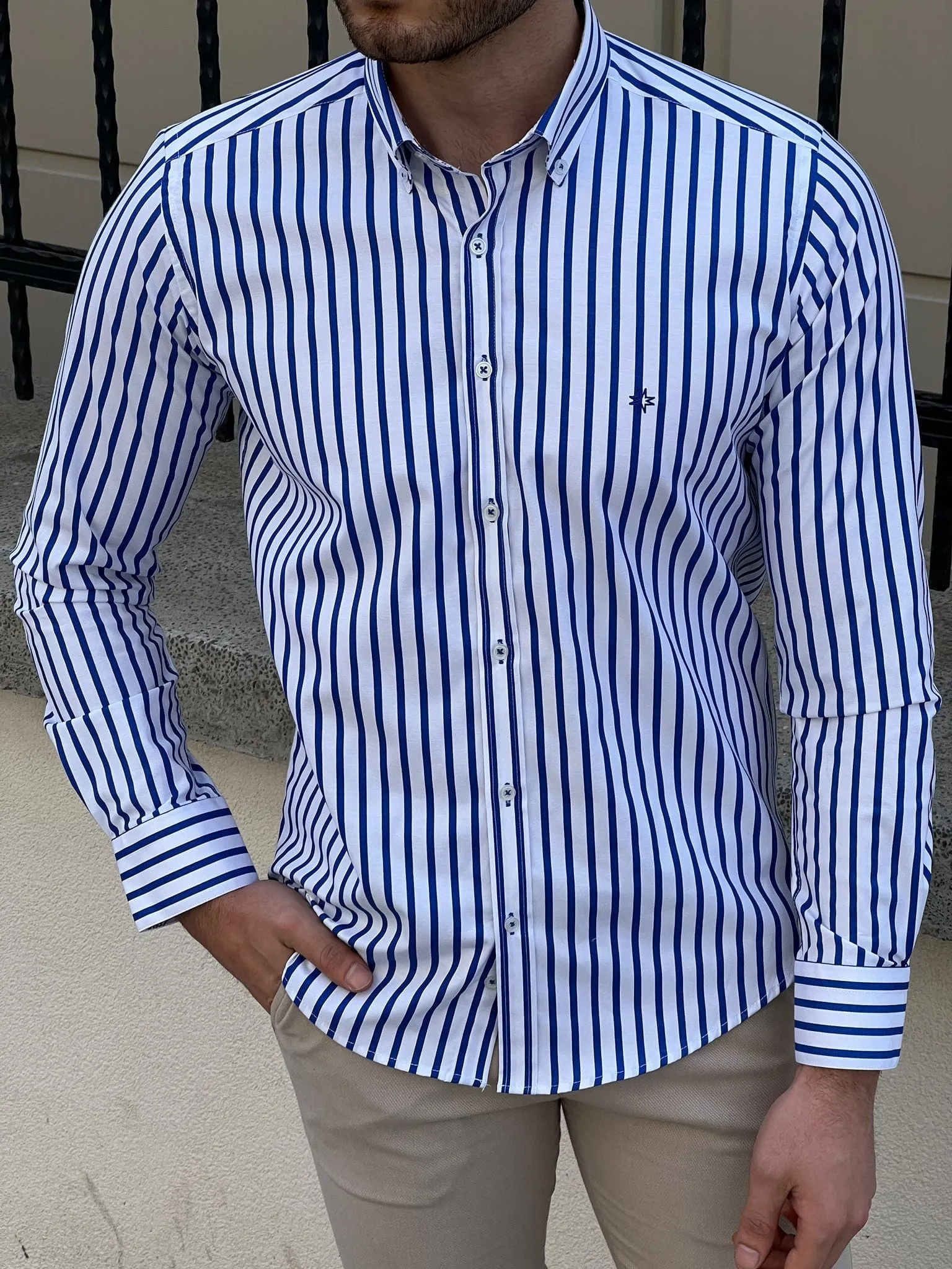 Slim Fit Striped Cotton White & Sax Shirt