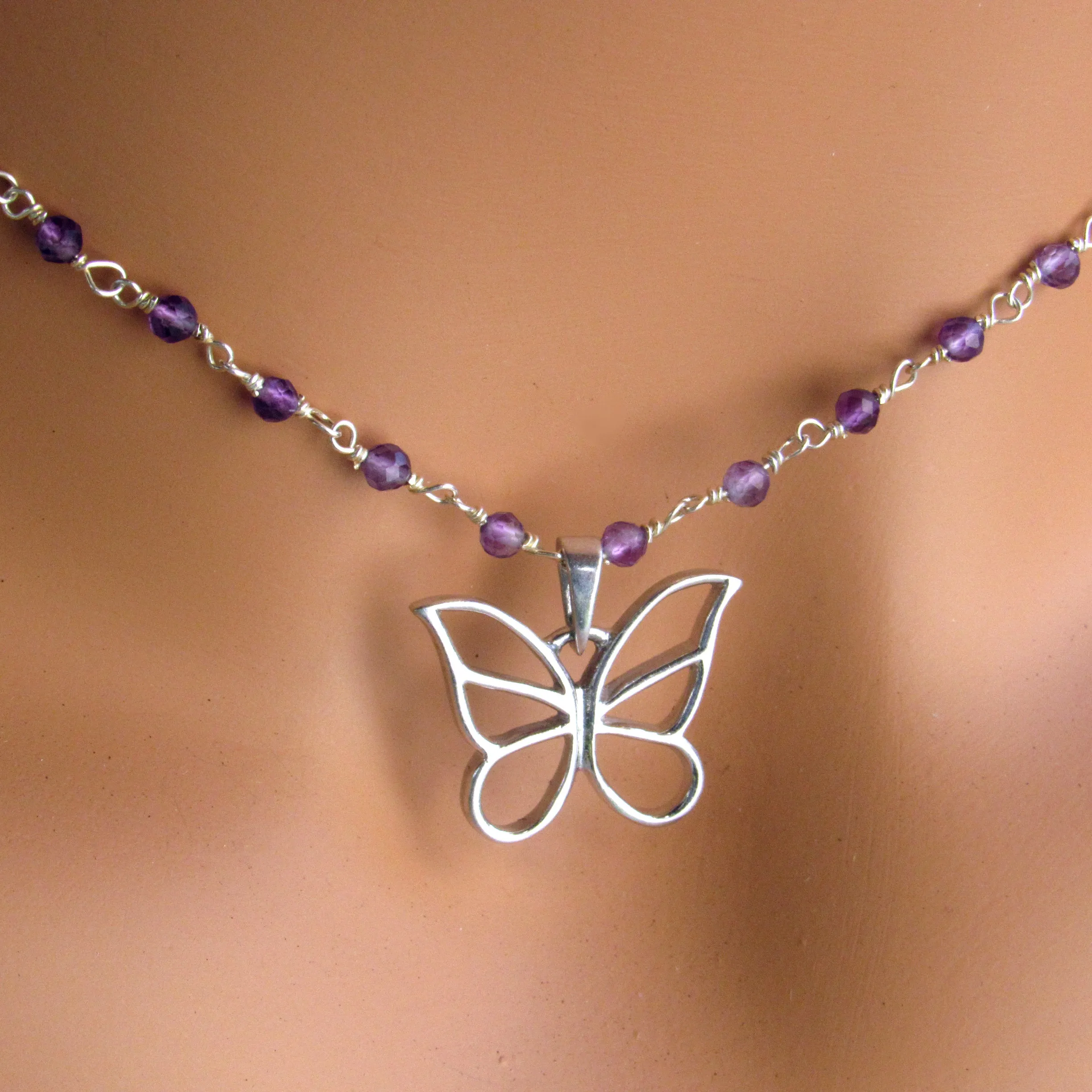 Sterling Silver Wrapped Amethyst gemstone Beads with Sterling Silver Butterfly Pendant