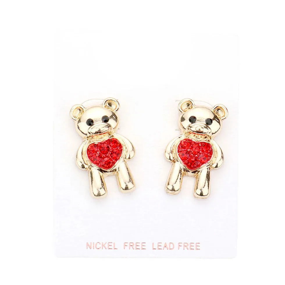 Stone Embellished Heart Metal Bear Earrings