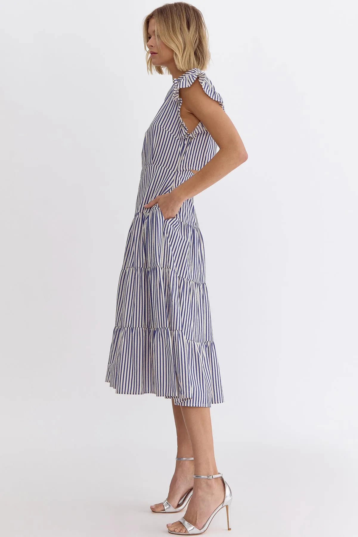 Striped V-neck Sleeveless Midi Dress