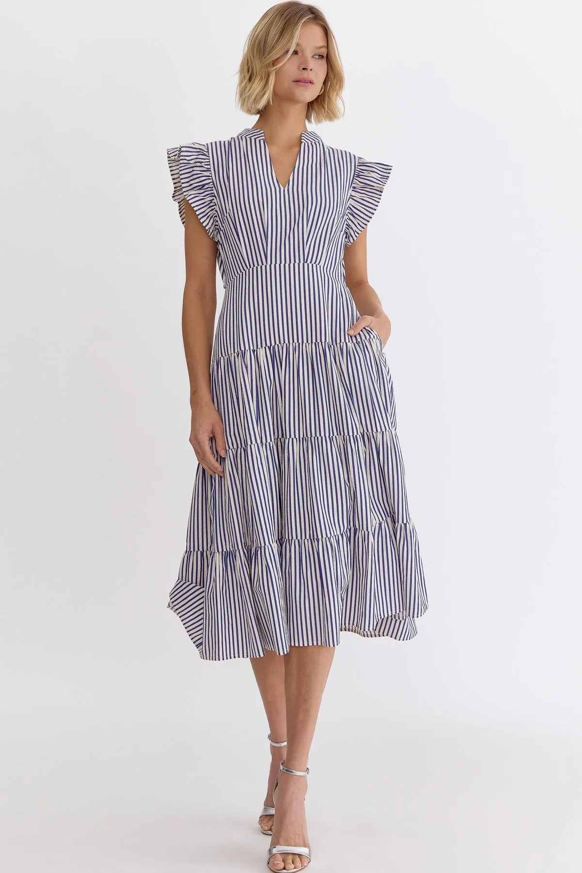 Striped V-neck Sleeveless Midi Dress