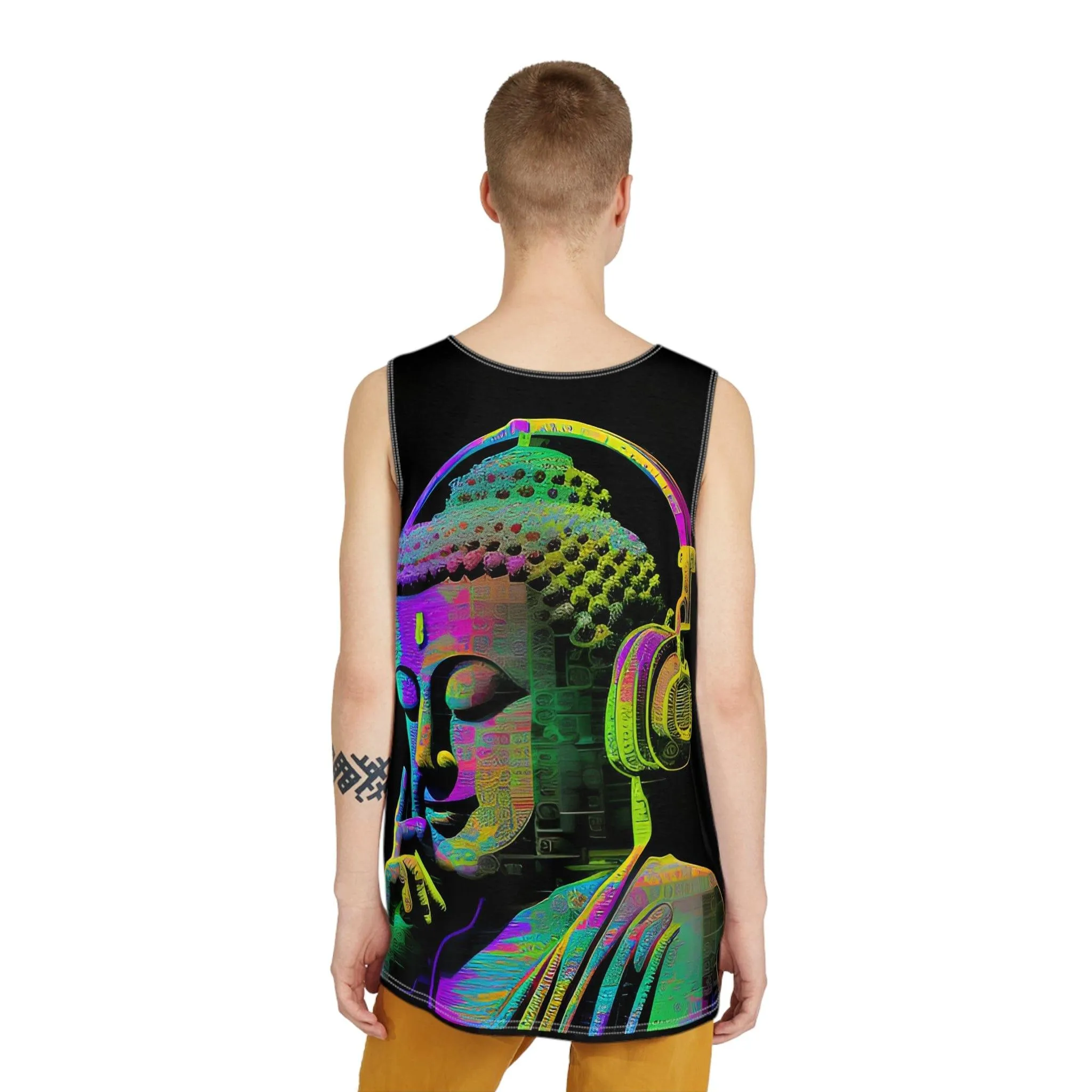 Subtle Smiling Buddha Wearing Headphones Sublimation Print All-Over Design Tank Top - Stylish Comfort for Gym and Streetwear