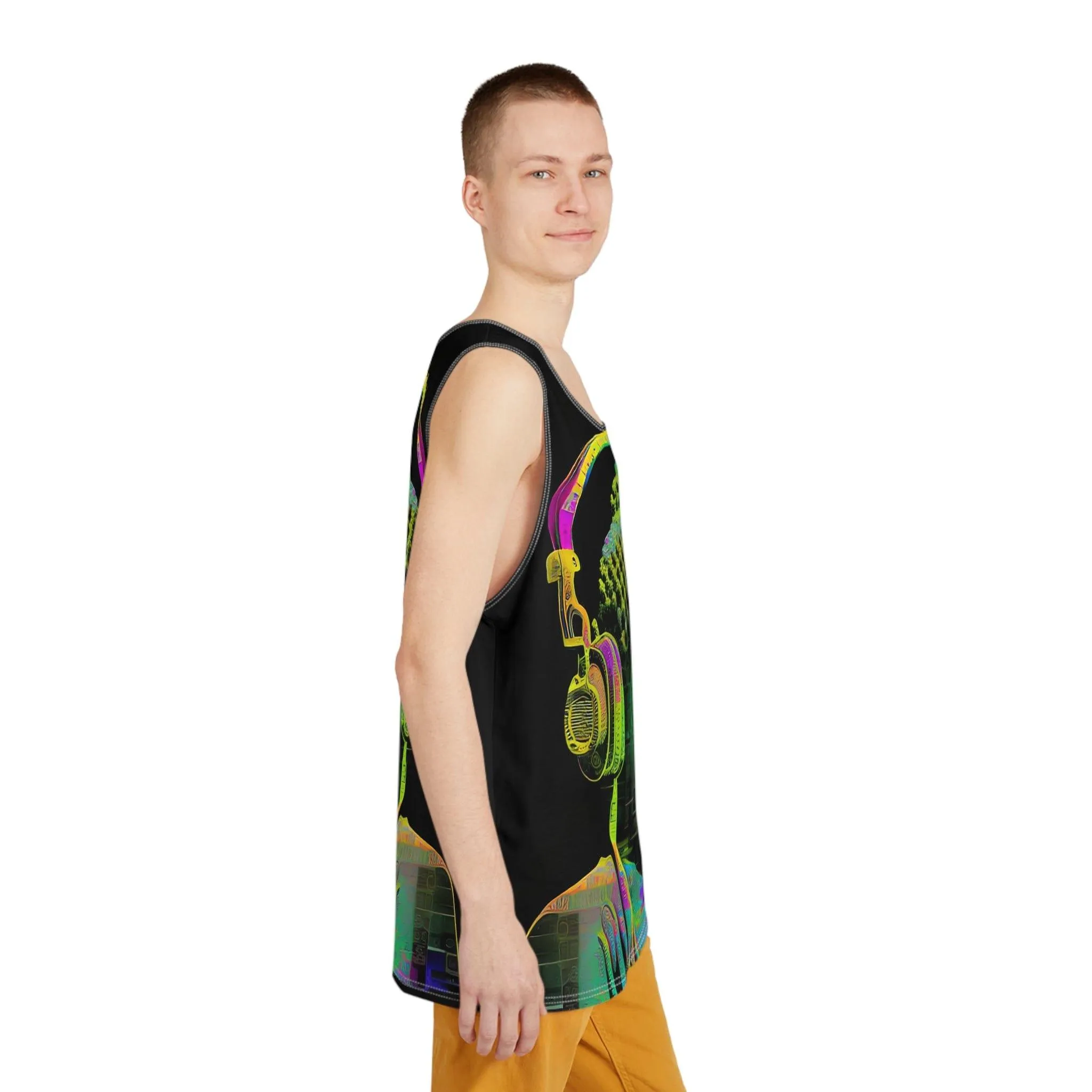 Subtle Smiling Buddha Wearing Headphones Sublimation Print All-Over Design Tank Top - Stylish Comfort for Gym and Streetwear