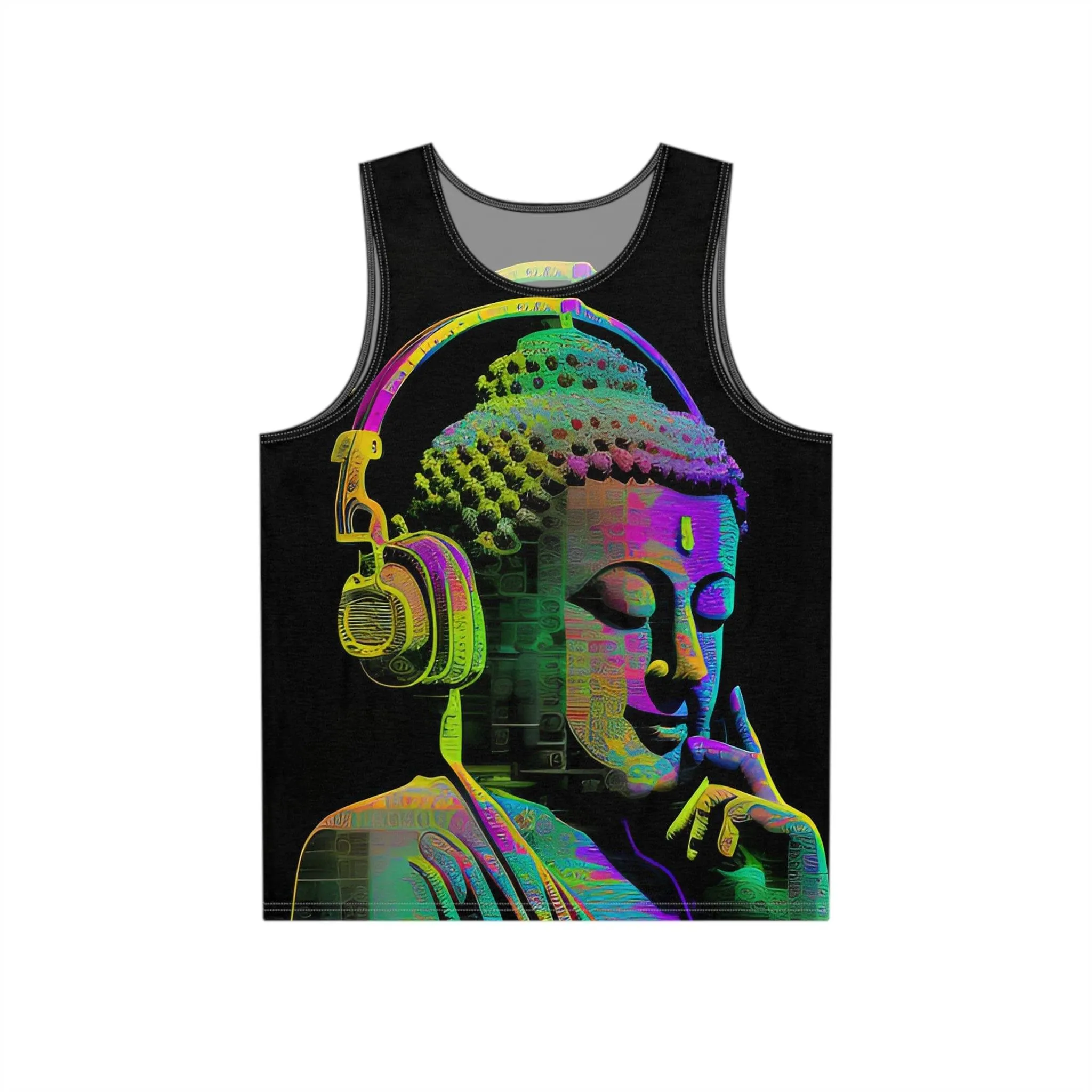 Subtle Smiling Buddha Wearing Headphones Sublimation Print All-Over Design Tank Top - Stylish Comfort for Gym and Streetwear