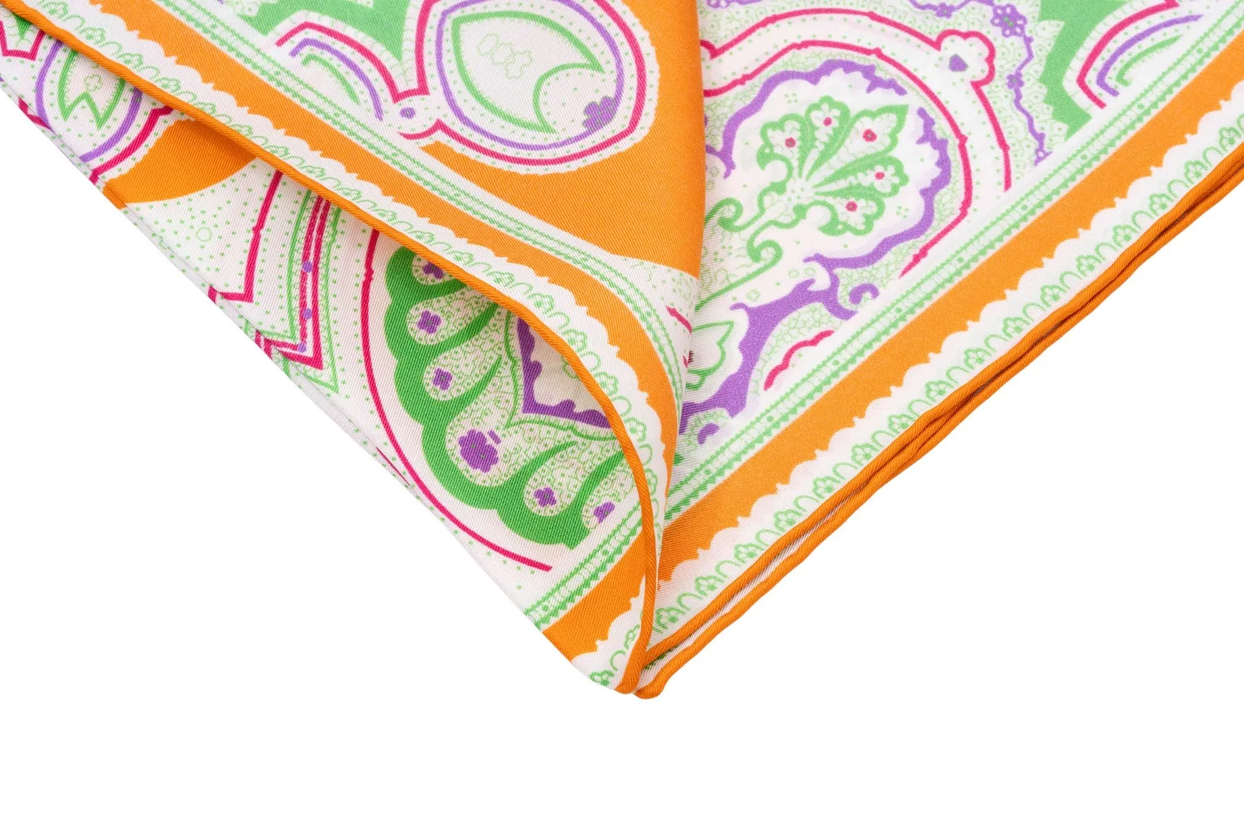 Summery Orange & White Large Paisley Silk Pocket Square