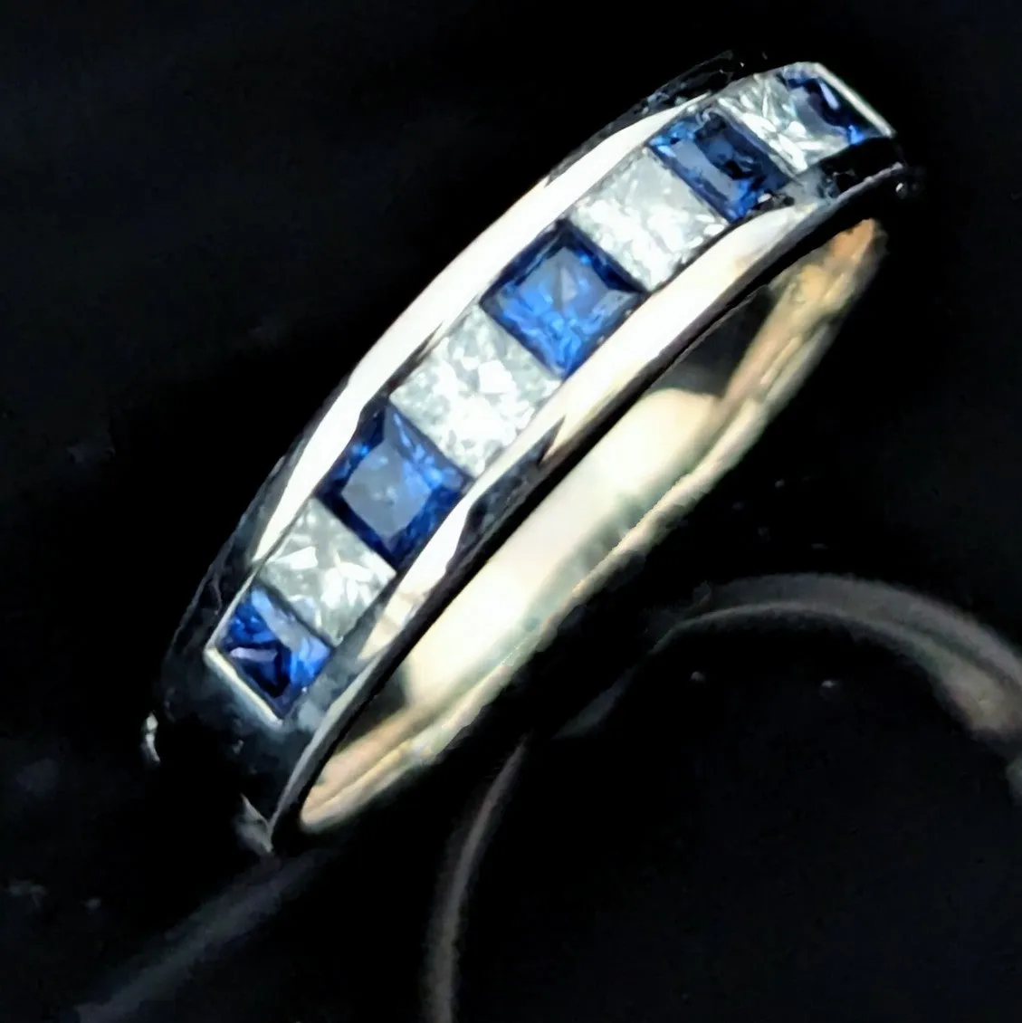 The Knightdale - Estate Princess Cut Diamonds & Sapphires 14k White Gold Band