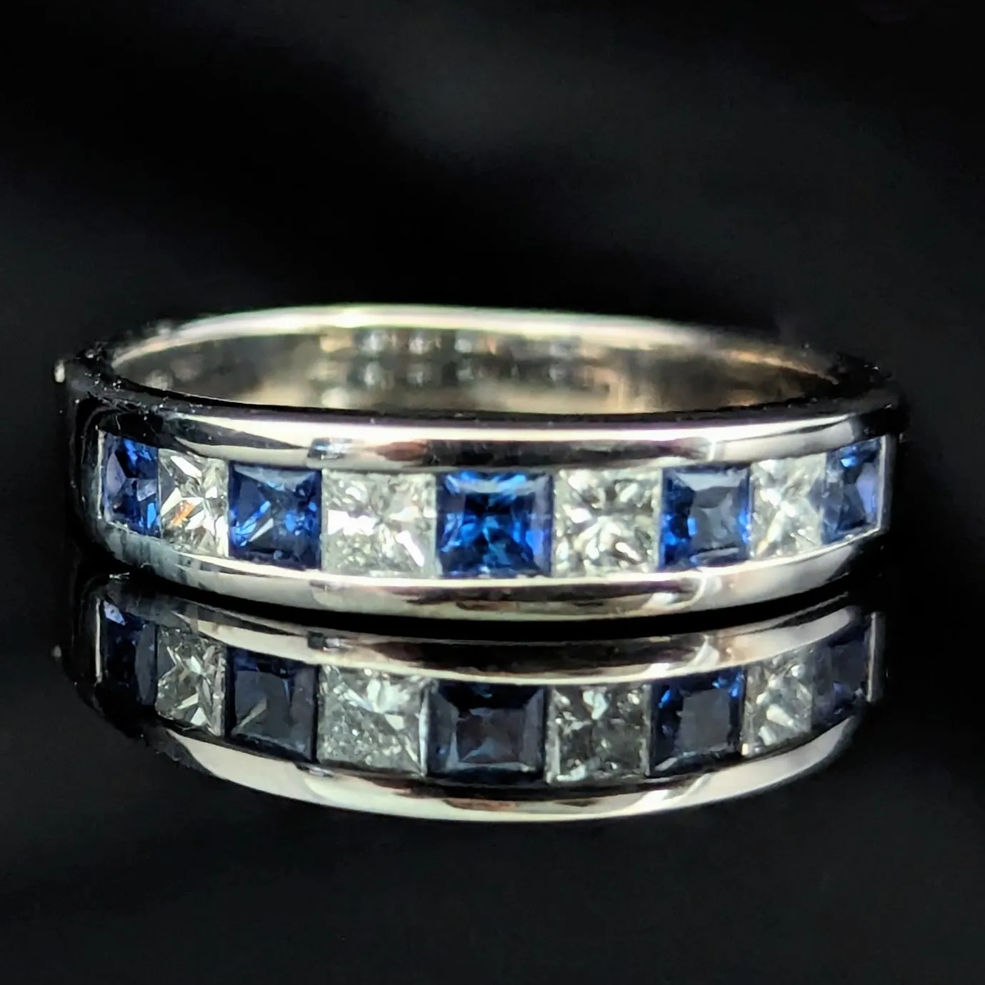 The Knightdale - Estate Princess Cut Diamonds & Sapphires 14k White Gold Band