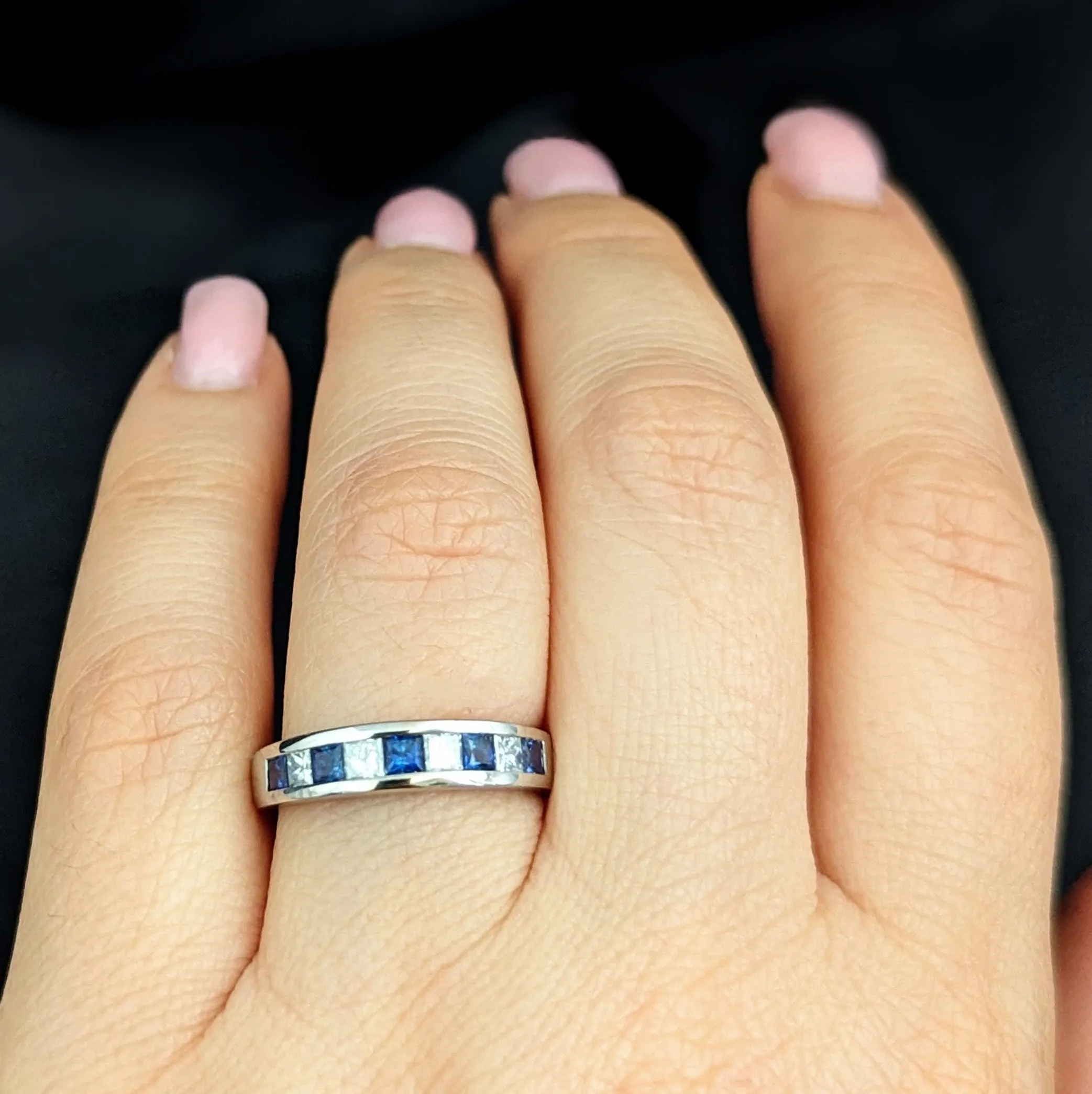 The Knightdale - Estate Princess Cut Diamonds & Sapphires 14k White Gold Band