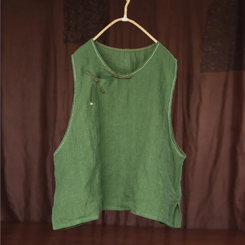 Traditional Handmade Embroidered Hem Retro Linen Vest