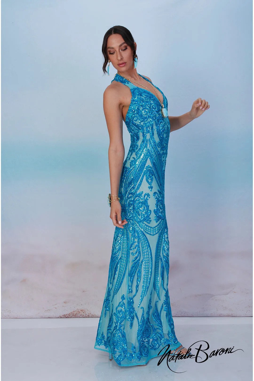 Turquoise Sequin Evening Gown - La Scala