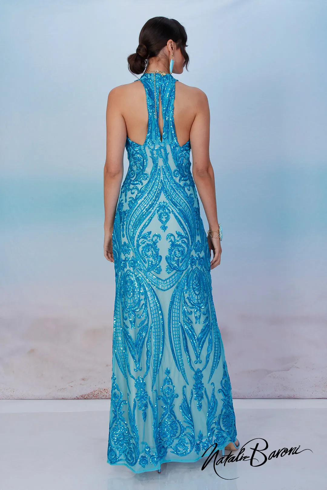 Turquoise Sequin Evening Gown - La Scala