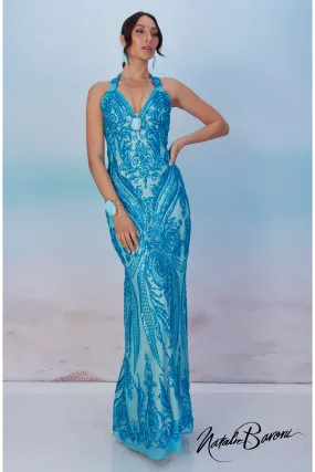 Turquoise Sequin Evening Gown - La Scala