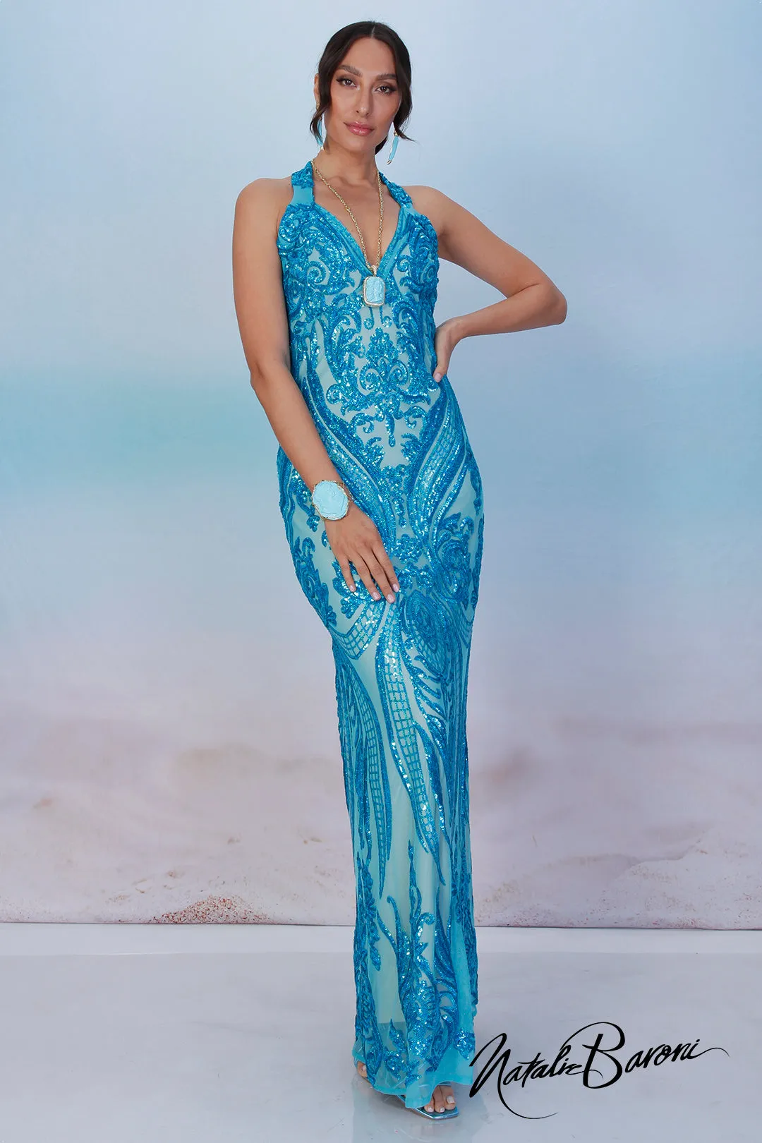 Turquoise Sequin Evening Gown - La Scala