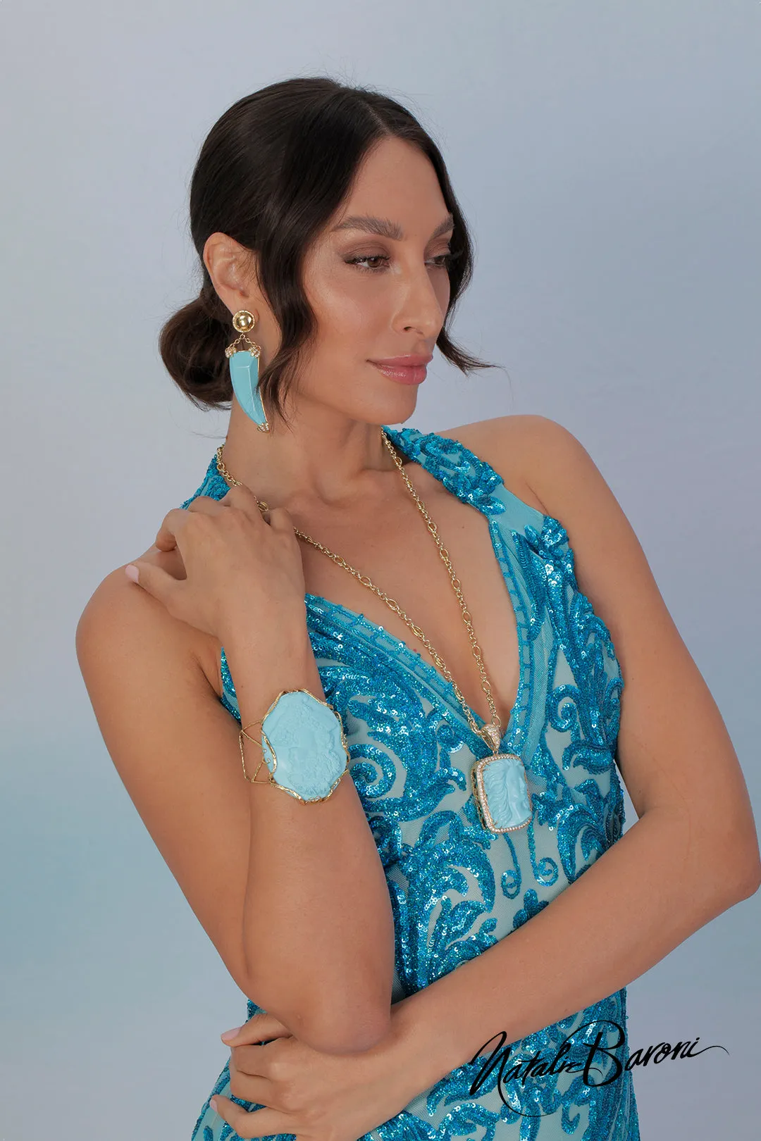 Turquoise Sequin Evening Gown - La Scala