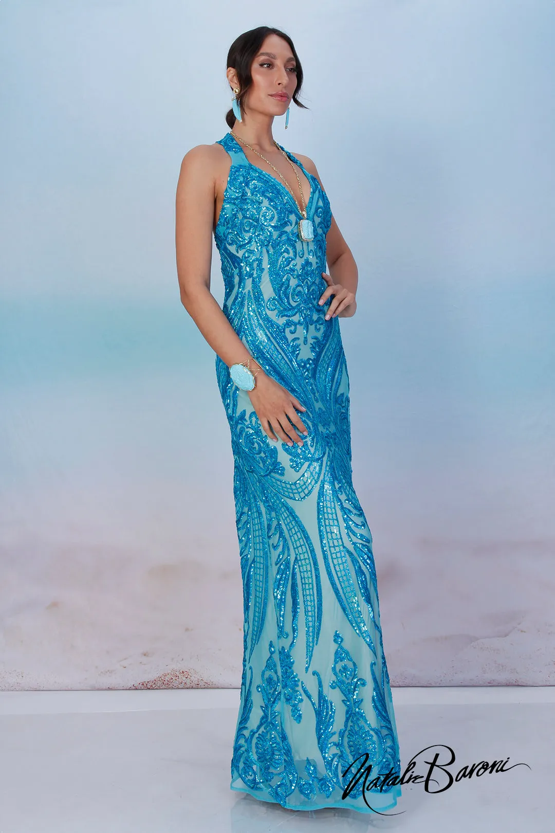 Turquoise Sequin Evening Gown - La Scala