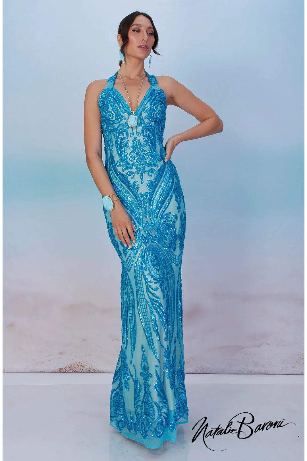 Turquoise Sequin Evening Gown - La Scala