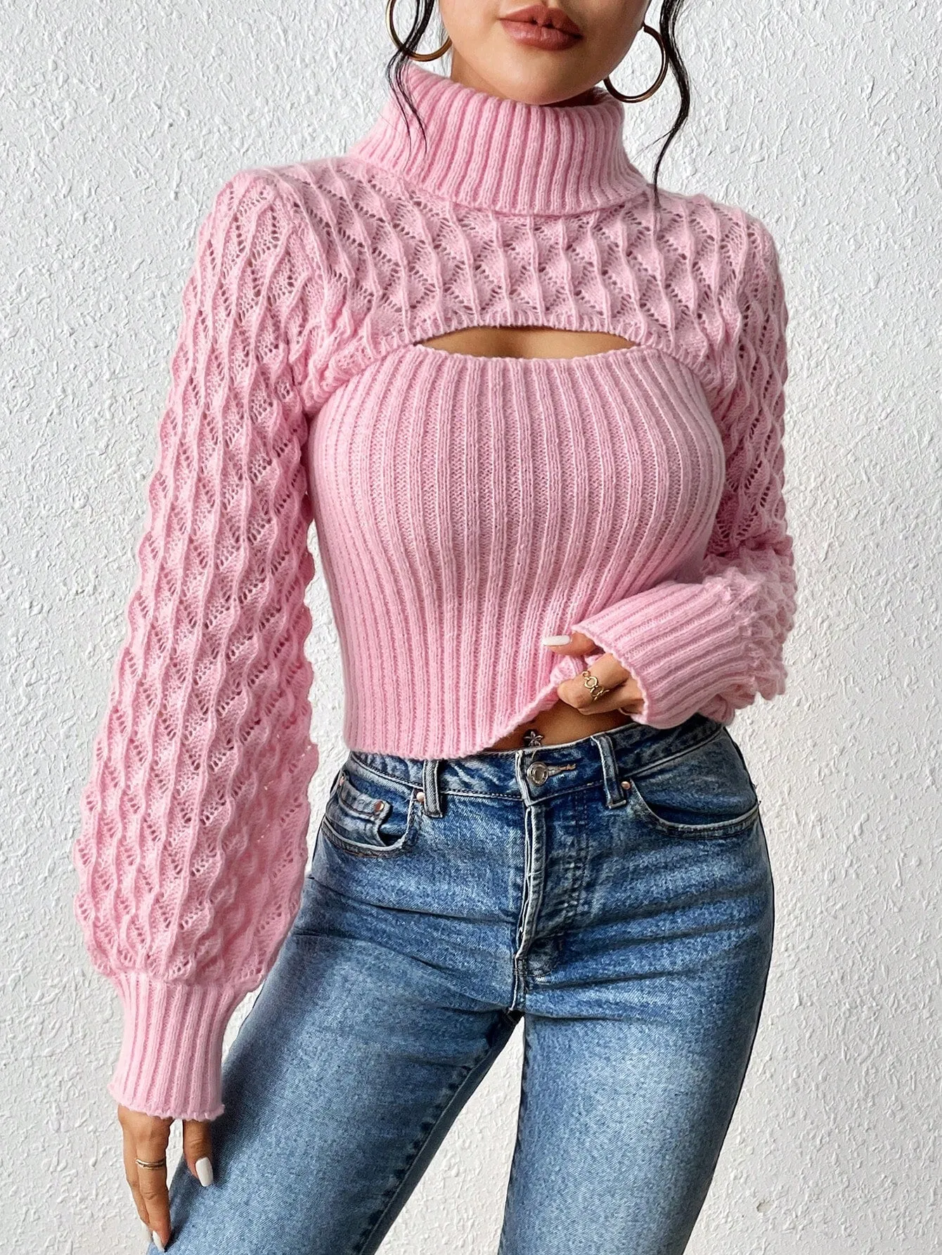 Turtleneck Cut Out Cable Knit Sweater