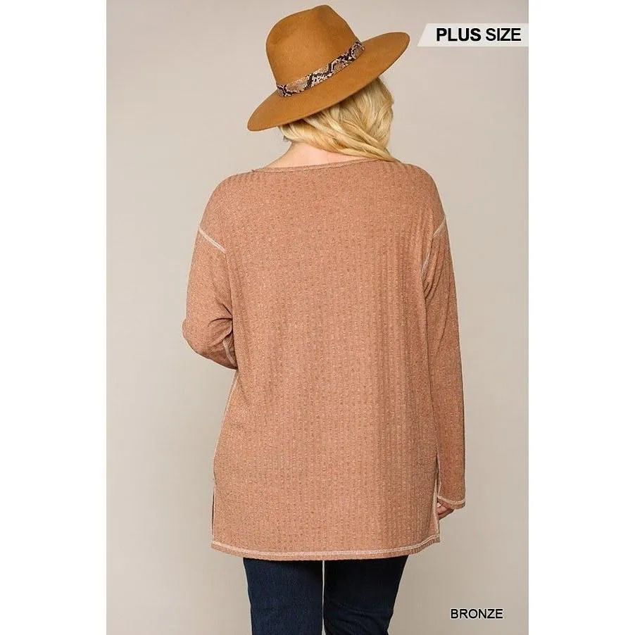 Two-tone Ribbed Tunic Top With Side Slits