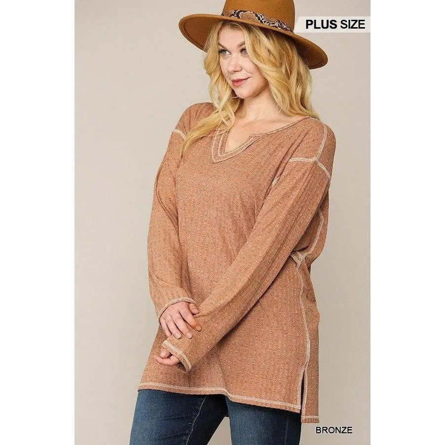 Two-tone Ribbed Tunic Top With Side Slits