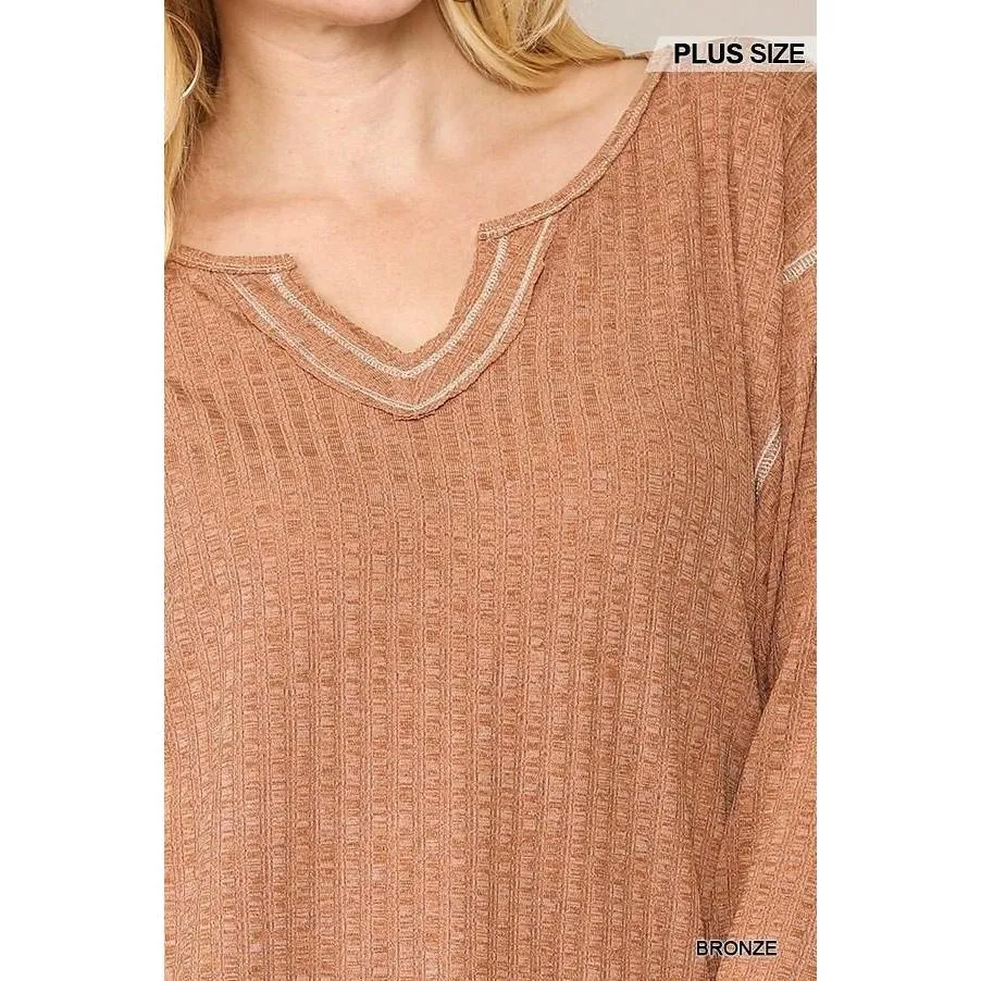 Two-tone Ribbed Tunic Top With Side Slits