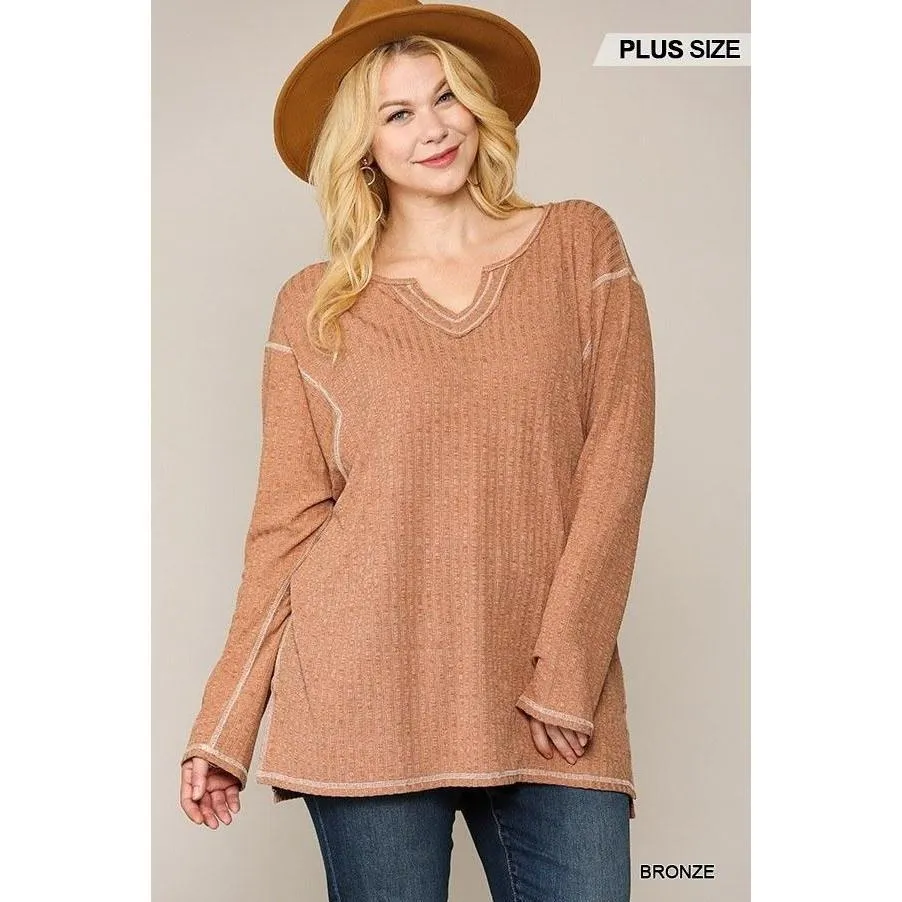 Two-tone Ribbed Tunic Top With Side Slits