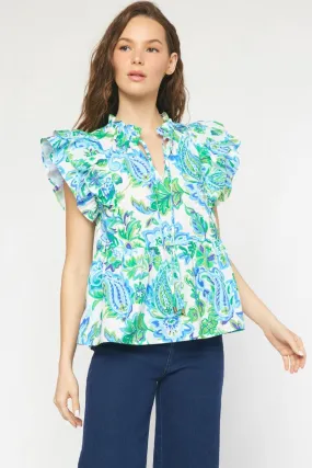 V-Neck Self Tie Ruffle Sleeve Top