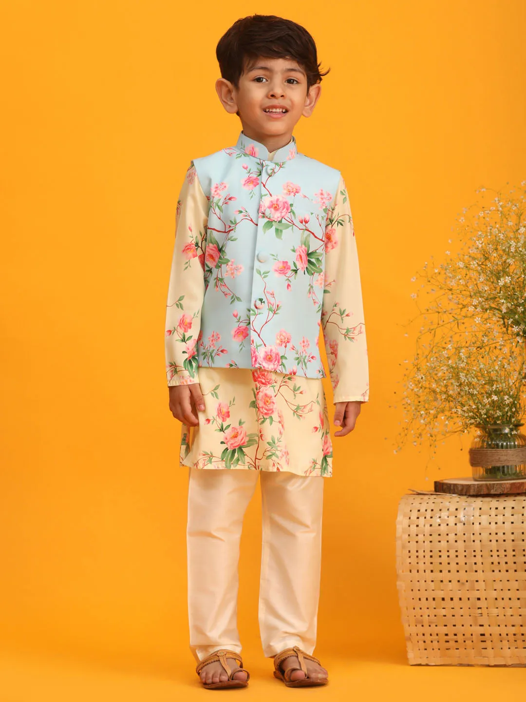 VASTRAMAY Aqua Cotton Blend Floral Print Sibling Set