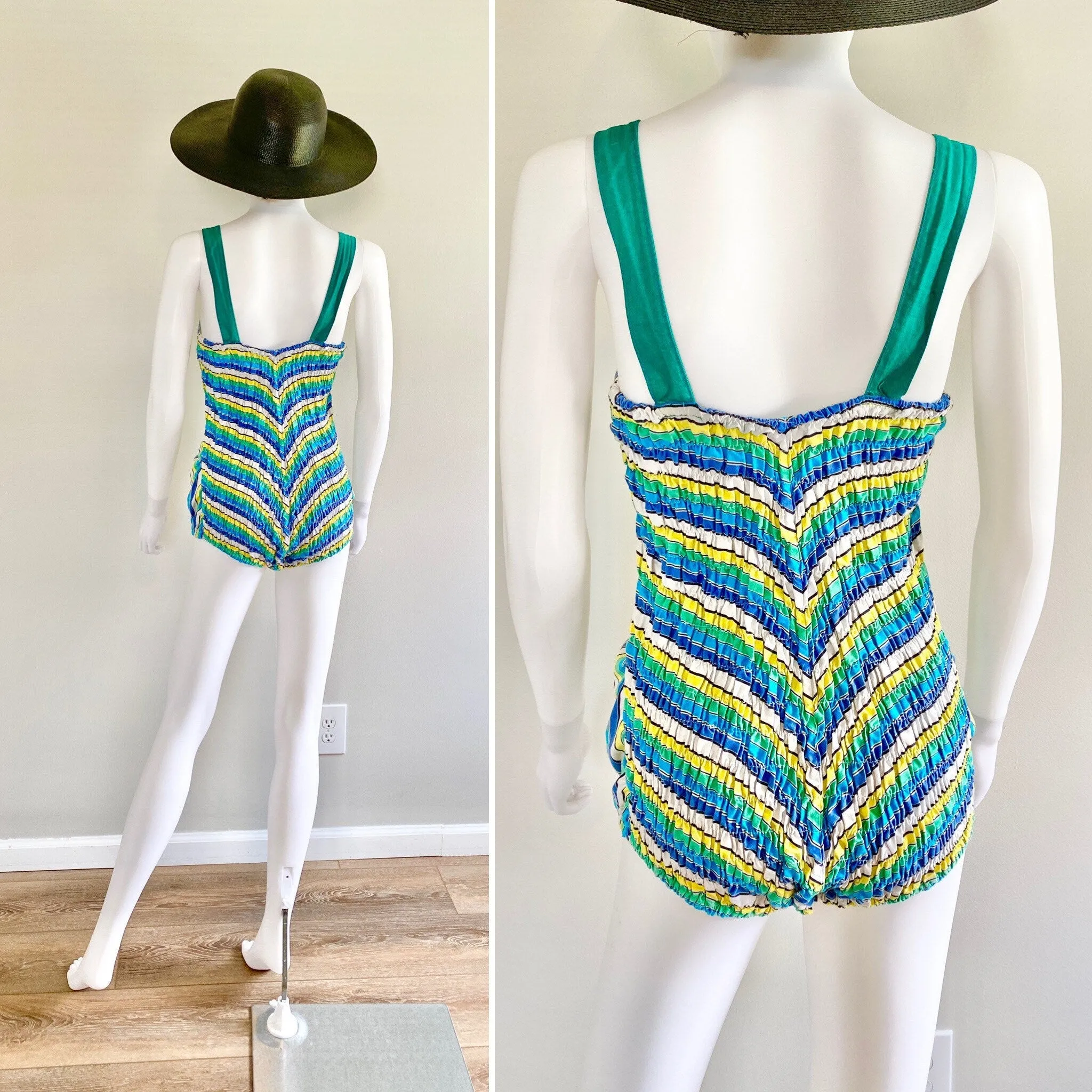 Vintage 1940s Striped Swimsuit / 40s Retro Bathing Suit / 40s Swimwear / Size S