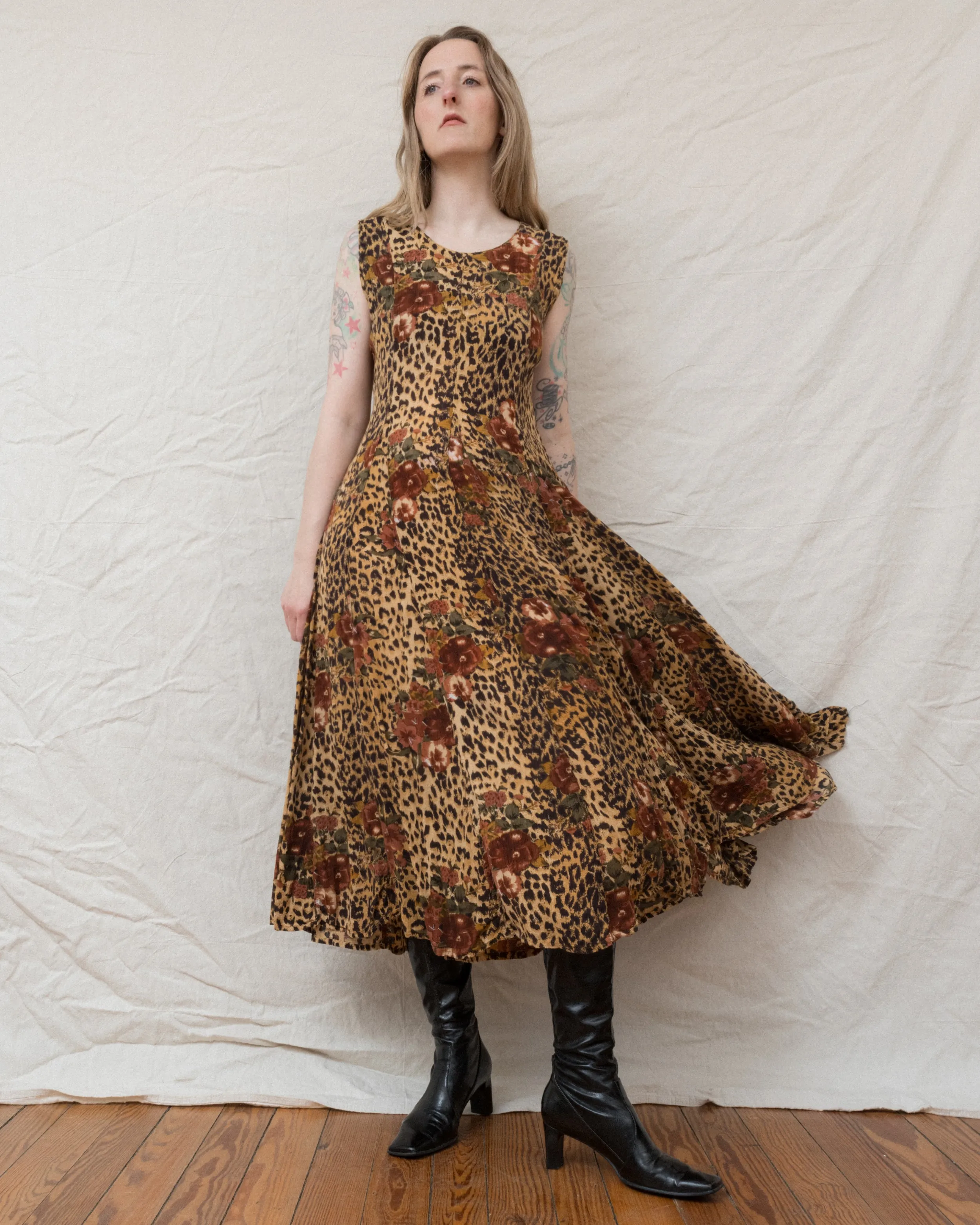 Vintage Leopard Floral Crinkle Dress (S/M)