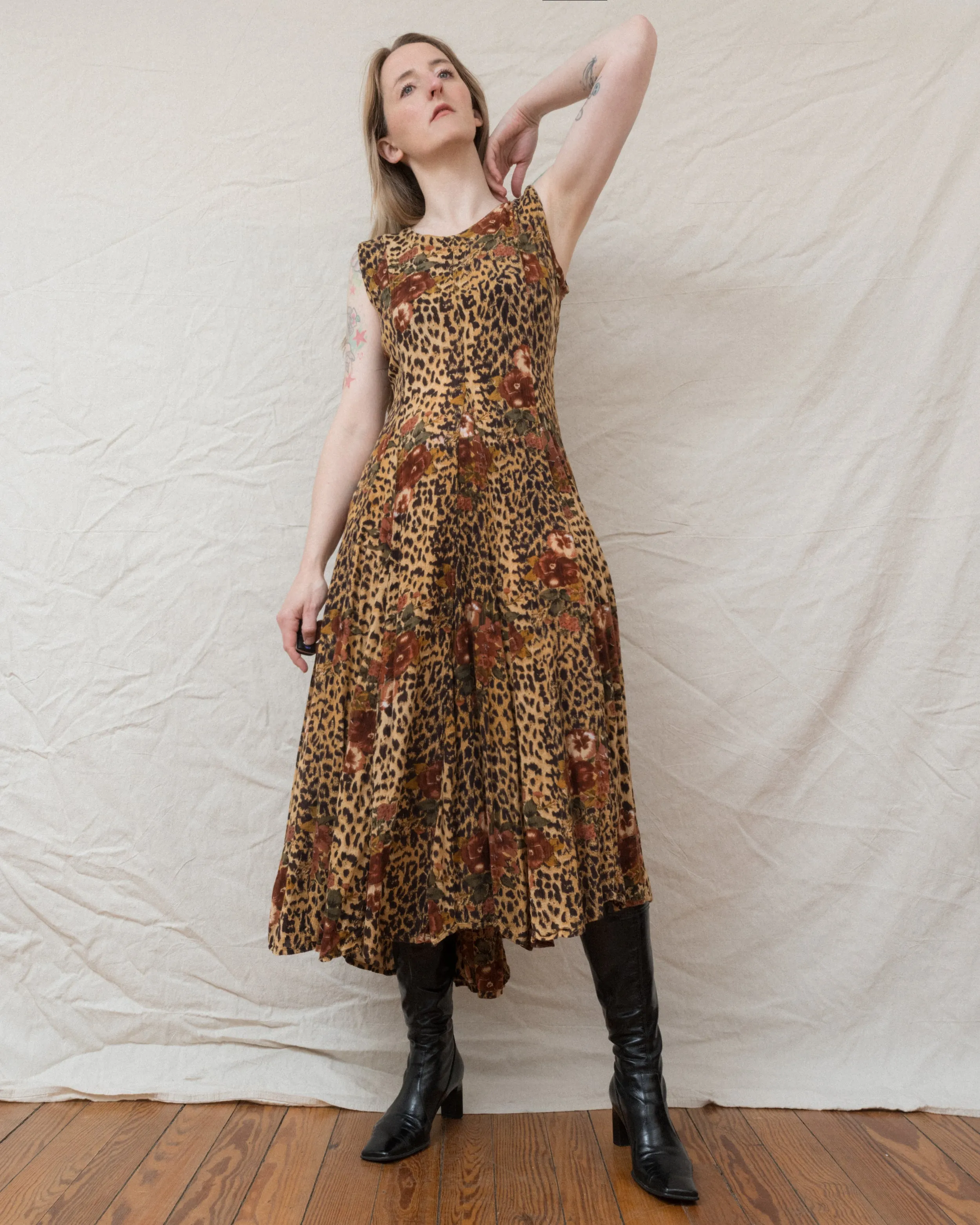 Vintage Leopard Floral Crinkle Dress (S/M)