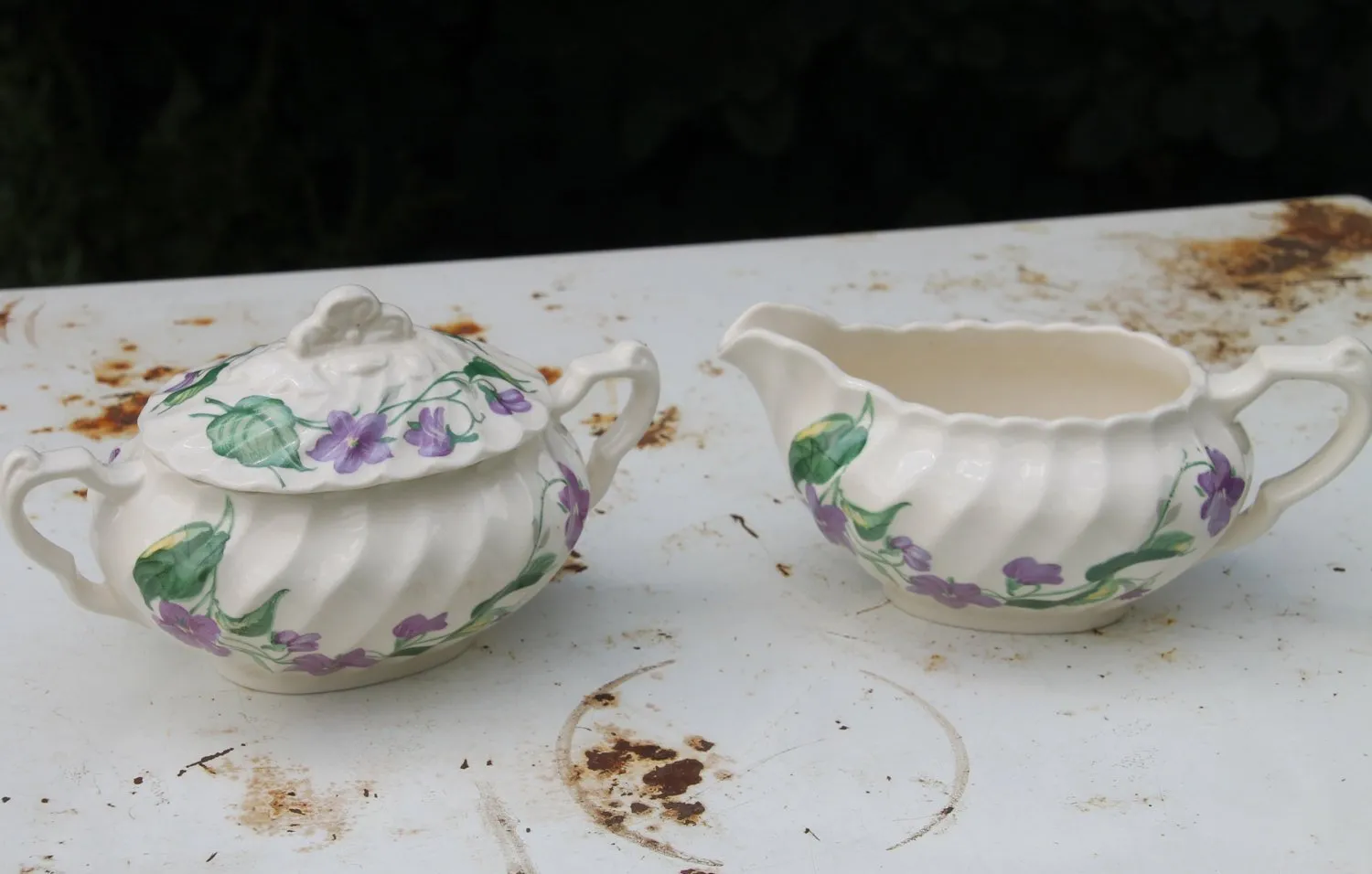 Vintage Royal Violet China Cream and Sugar Set by Royal China USA with Delicate Hand Painted Violet Pattern Serving Set of 2