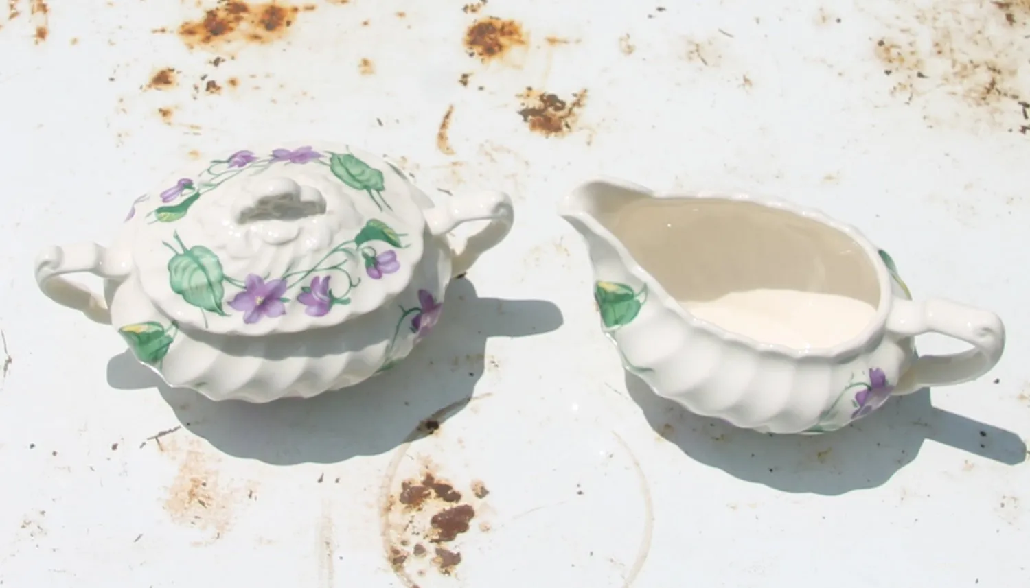 Vintage Royal Violet China Cream and Sugar Set by Royal China USA with Delicate Hand Painted Violet Pattern Serving Set of 2