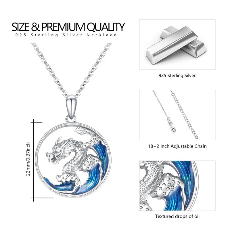 Wave Necklace 925 Sterling Silver Dragon/Koi Ocean Wave Pendant Necklace Wave Beach Jewelry Gift for Women Mother