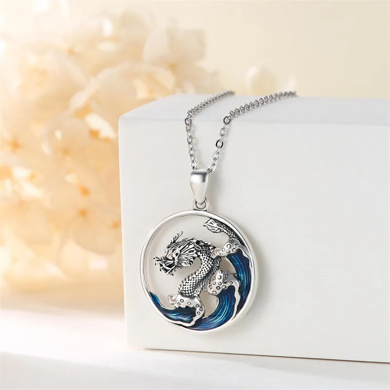 Wave Necklace 925 Sterling Silver Dragon/Koi Ocean Wave Pendant Necklace Wave Beach Jewelry Gift for Women Mother