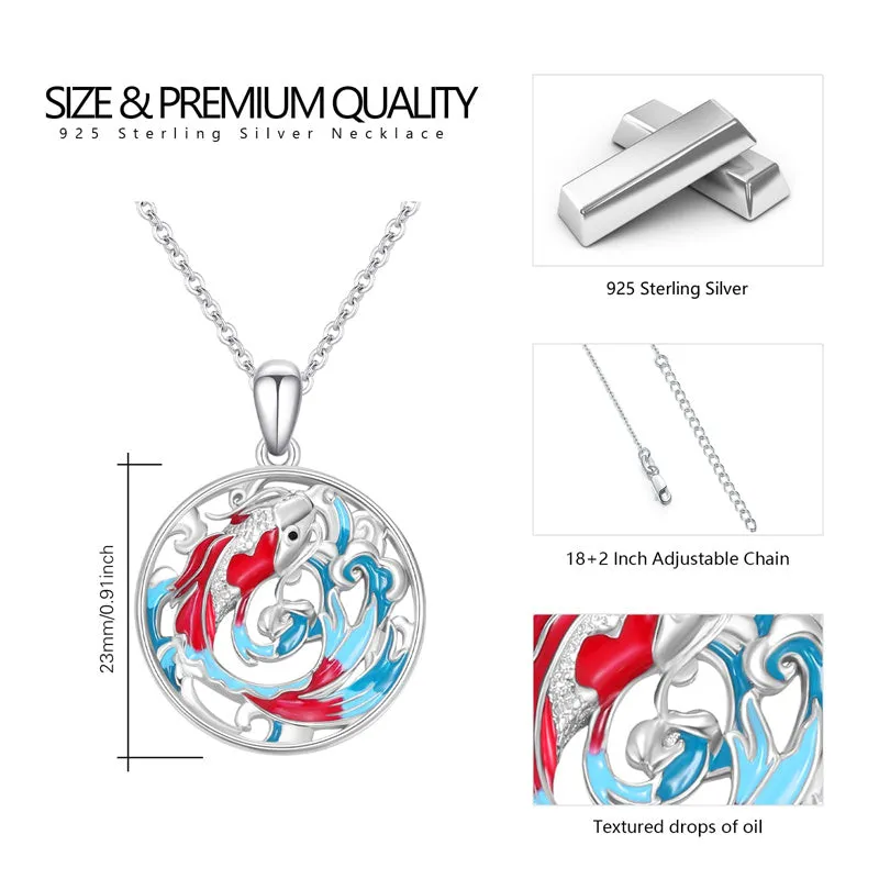 Wave Necklace 925 Sterling Silver Dragon/Koi Ocean Wave Pendant Necklace Wave Beach Jewelry Gift for Women Mother