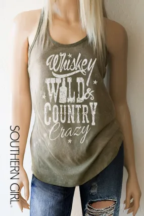 Whiskey Wild & Country Crazy Acid Washed Military Green toned Racerback Tank Top