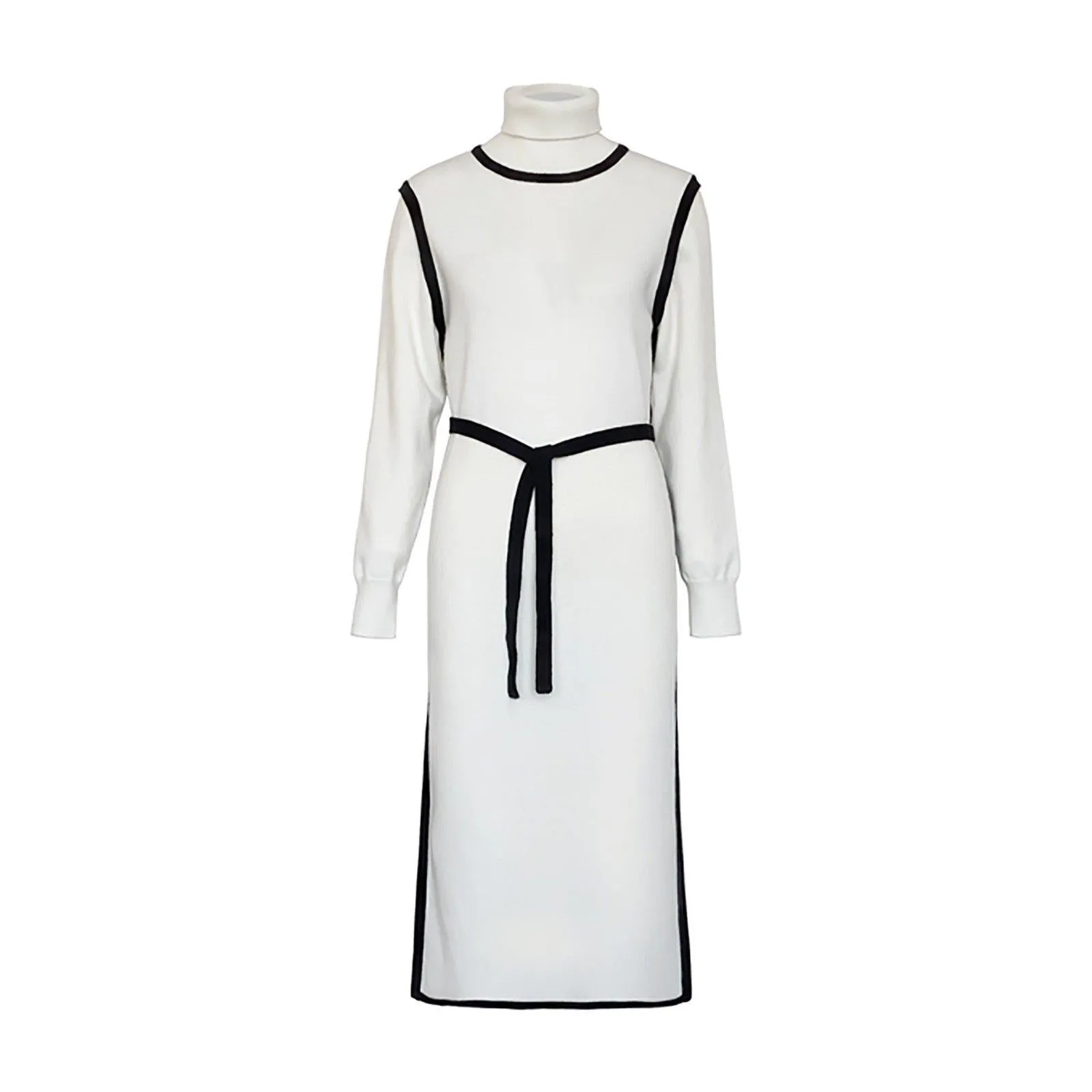 White Elastic Knit Mock Neck Midi Sweater Dress