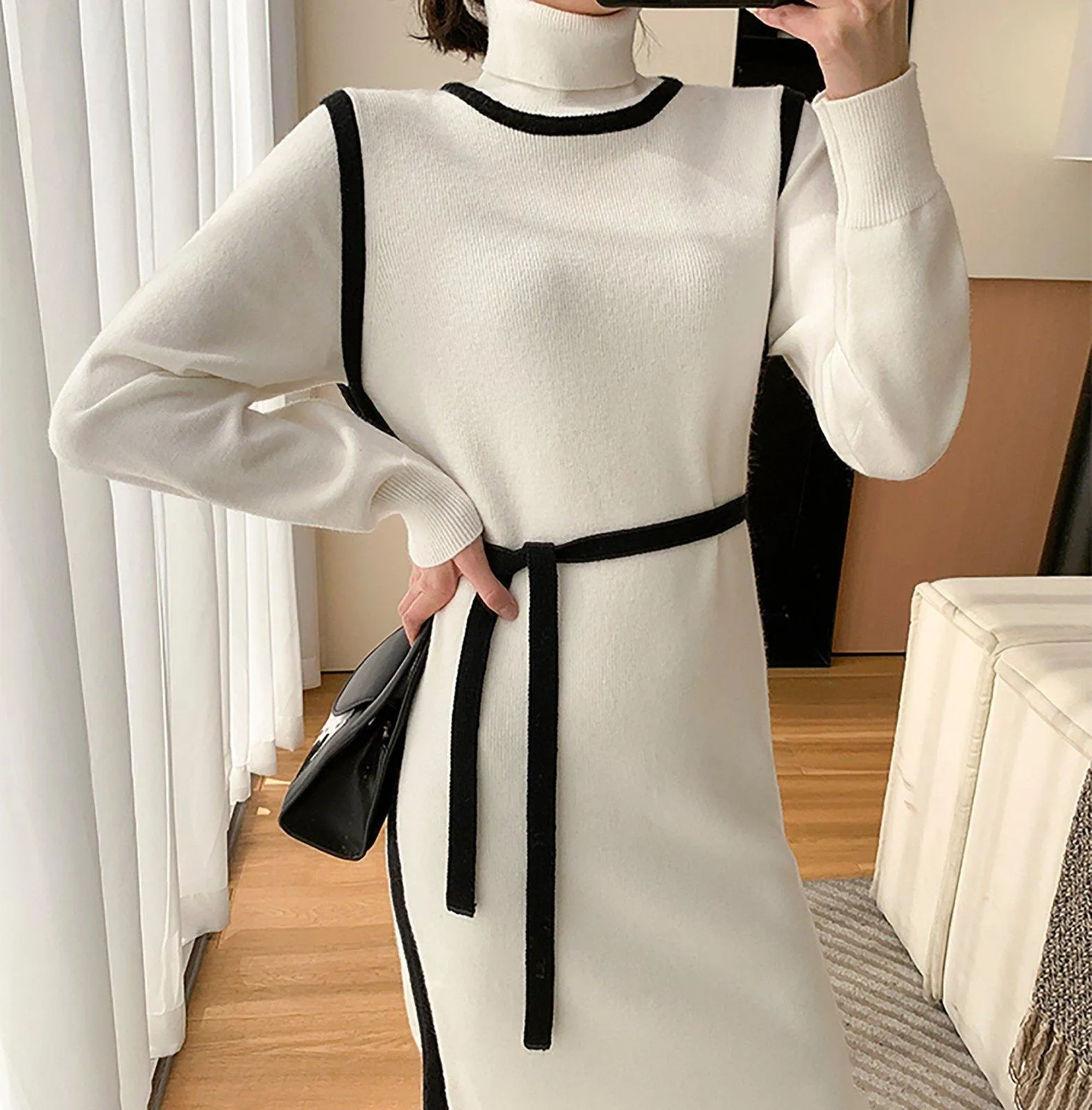 White Elastic Knit Mock Neck Midi Sweater Dress