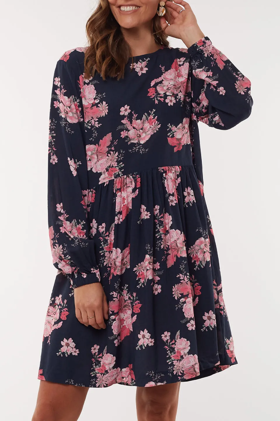 Wildflower LS Navy Floral Shift Dress