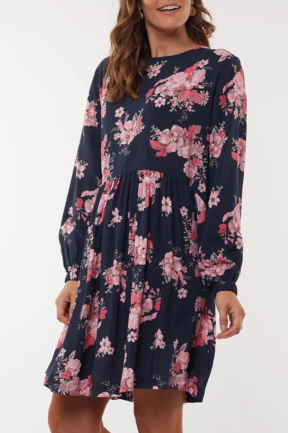 Wildflower LS Navy Floral Shift Dress