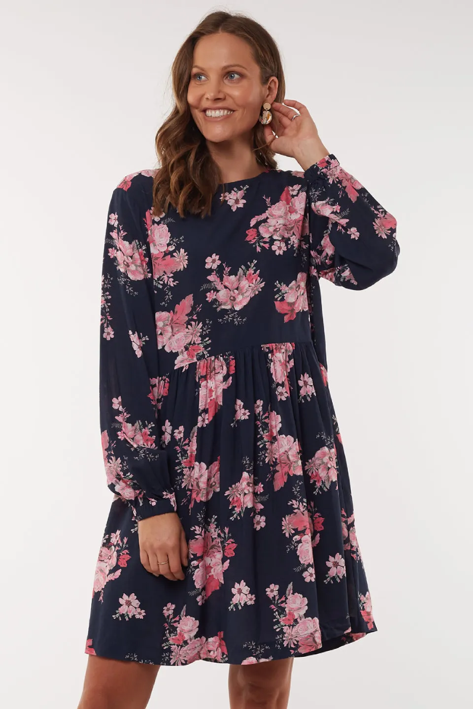 Wildflower LS Navy Floral Shift Dress